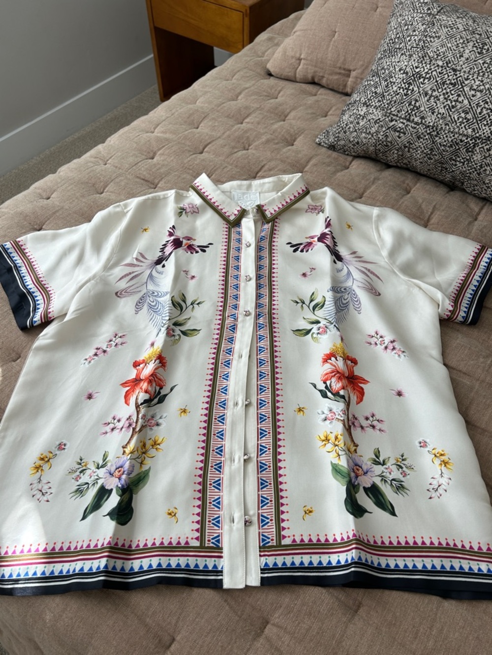 Johnny Was Cream Collared Shirt with Pink and Olive Geometric Trim